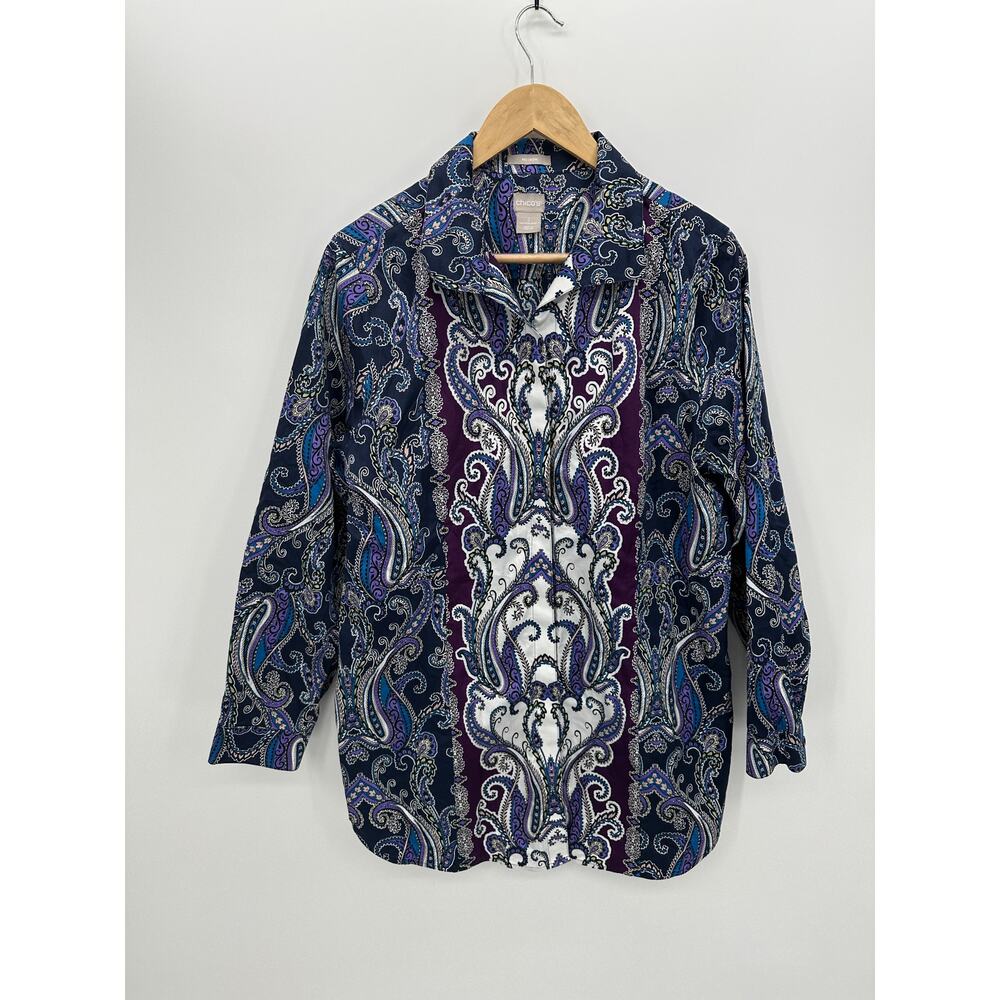 Chicos Tunic Women Purple Paisley Hidden Button No Iron Button Front Size L